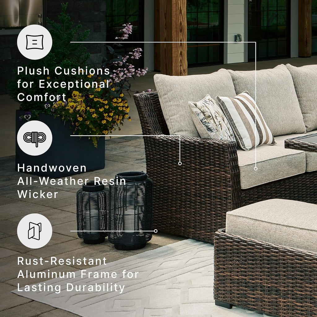 Signature Design by Ashley Brook Ranch Outdoor Sectional, 3-Piece Patio Furniture Set with Rust-Free Aluminum Frame, L Shaped Resin Wicker Couch and Bench for Backyard Entertaining, Beige & Brown