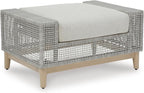 Signature Design by Ashley Aluminum Frame Outdoor Ottoman with Cushion, Seton Creek, High-Performance Nuvella Fabric, Seating for Patio Lounge Areas, Light Gray & Light Brown