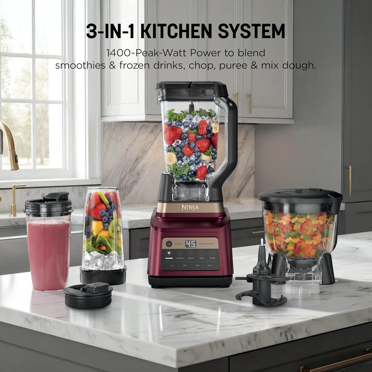 Ninja Professional Plus Kitchen System Premier | 3-in-1 System I Food Processor, Blender, Mixer, Vegetable Chopper | Auto IQ Tech I 1400W | 72oz Pitcher, 64oz Bowl, 2 To-Go Cups | Red | BN801RD1BRN