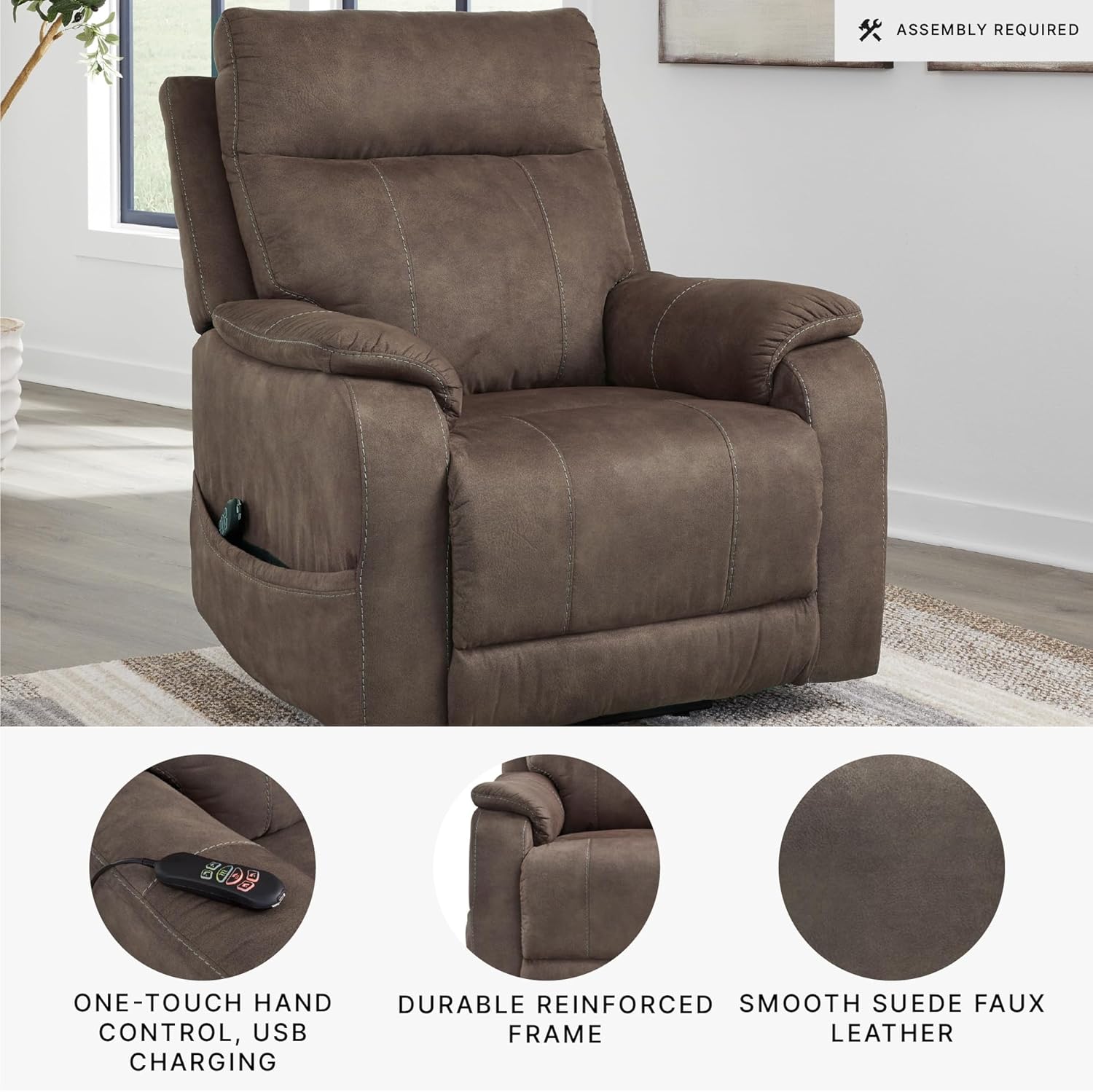 Signature Design by Ashley Crestmeade Modern Dual Motor Power Lift Recliner with Adjustable Backrest, USB Ports, Heat and Massage Function, Dark Brown