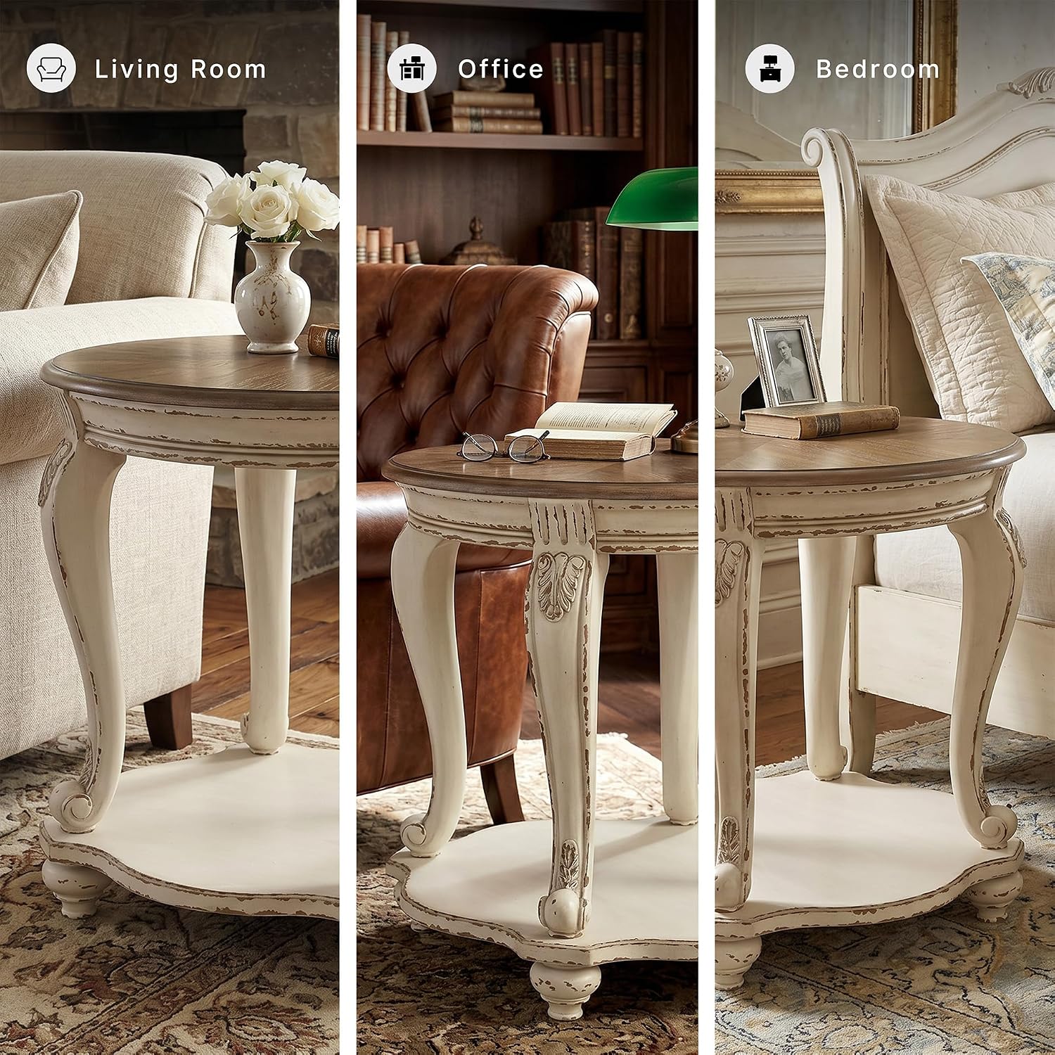 Signature Design by Ashley Realyn Round End Table, Cottage-Style Side Table with Antiqued Two-Tone Finish, Wood & Veneer Construction for Living Room or Bedroom, White/Brown