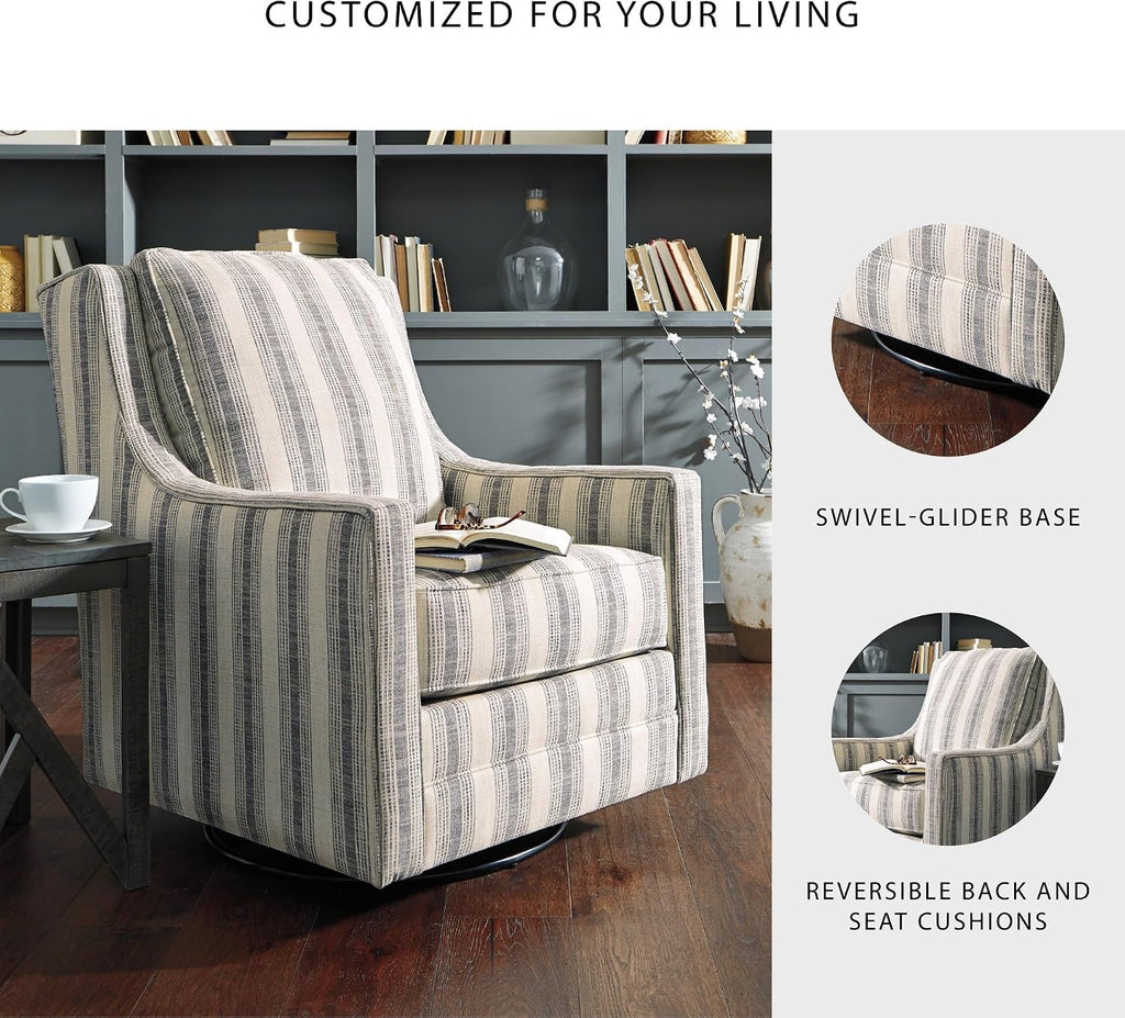 Signature Design by Ashley Swivel Glider Accent Chair Kambria, No Assembly Required, Polyester Linen Fabric, for Living Room, Ivory and Black Stripe, 30" W