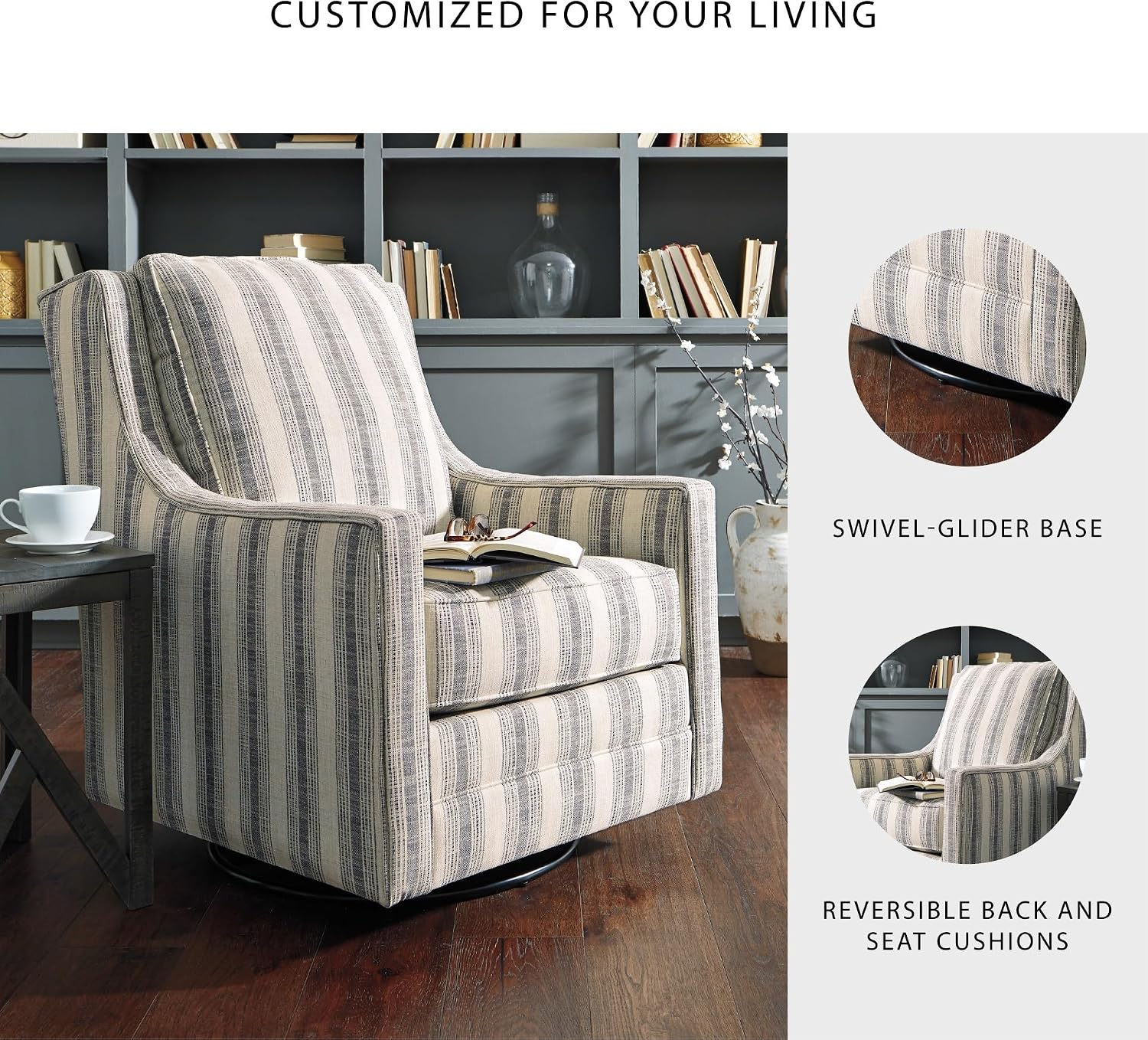 Signature Design by Ashley Swivel Glider Accent Chair Kambria, No Assembly Required, Polyester Linen Fabric, for Living Room, Ivory and Black Stripe, 30" W