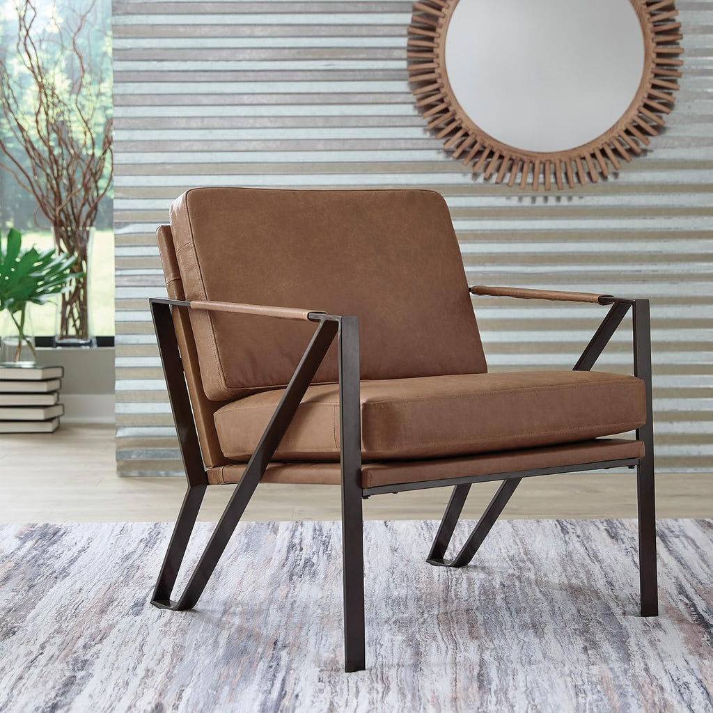 Signature Design by Ashley Garronmont Mid-Century Modern Leather Accent Chair with Metal Frame, Light Brown & Metallic