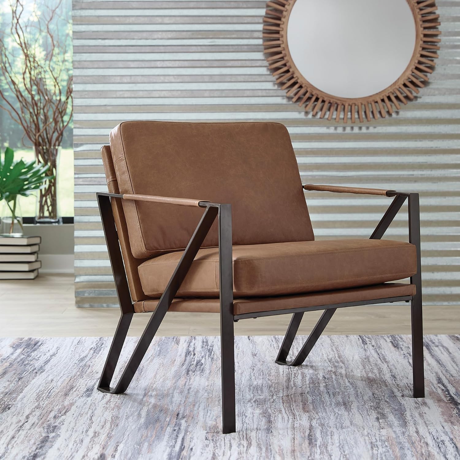 Signature Design by Ashley Garronmont Mid-Century Modern Leather Accent Chair with Metal Frame, Light Brown & Metallic