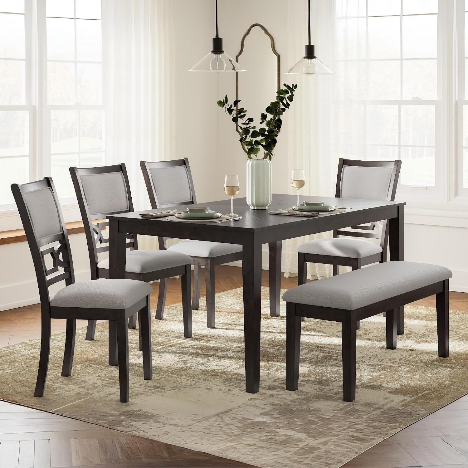Signature Design by Ashley Langwest Dining Table Set for 6, Transitional 6-Piece Wood Kitchen Table and Chairs Set with Bench, Cushioned Seats, Cherry Brown