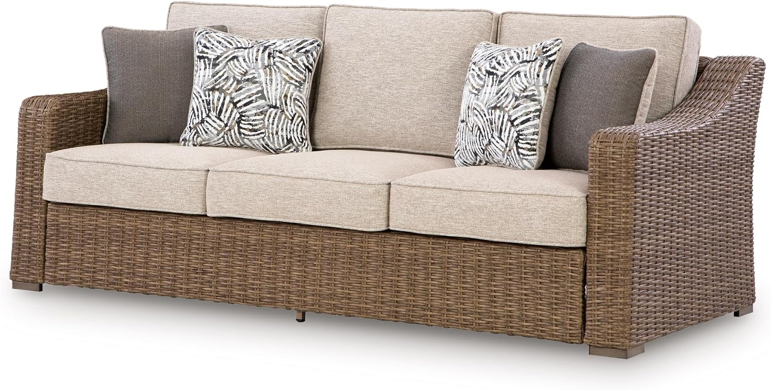 Signature Design by Ashley Carmel Bay Outdoor Sofa, Handwoven Resin Wicker Patio Couch, Rust-Resistant Aluminum Frame, 3-Seater for Backyard or Sunroom, Beige, 84" W