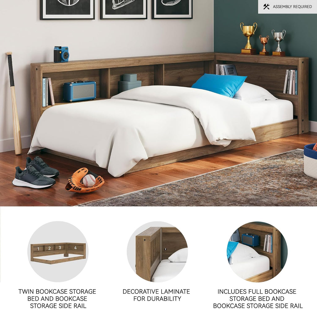 Signature Design by Ashley Deanlow Bookcase Storage Bed, Replicated Walnut Wood-Look Platform, Mid-Century Modern Casual Style, Integrated Bookshelf Side Rails, Honey Brown, Twin
