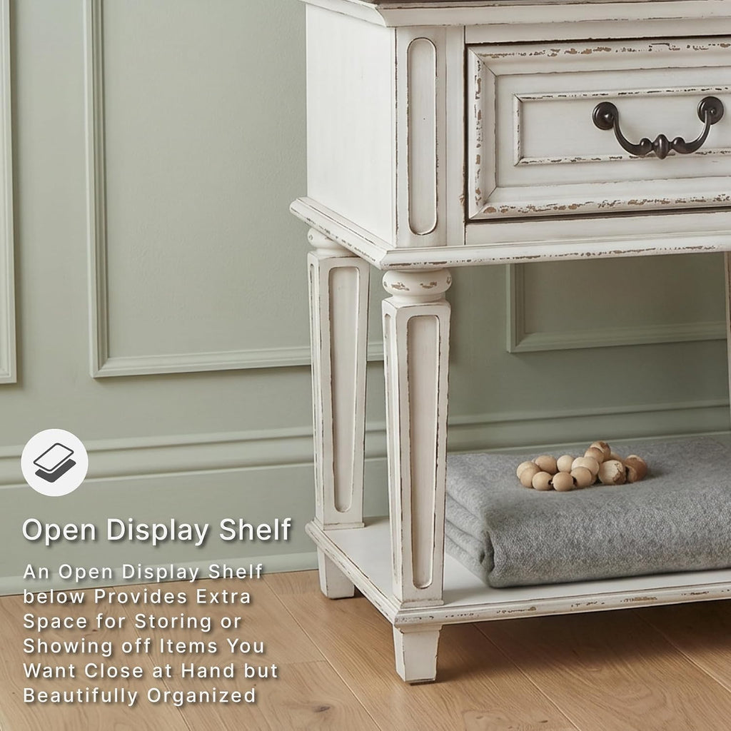Signature Design by Ashley Realyn Traditional Cottage 1 Drawer Nightstand with Dovetail Construction & Open Display Shelf, Chipped White, 27" Tall, Distressed Brown