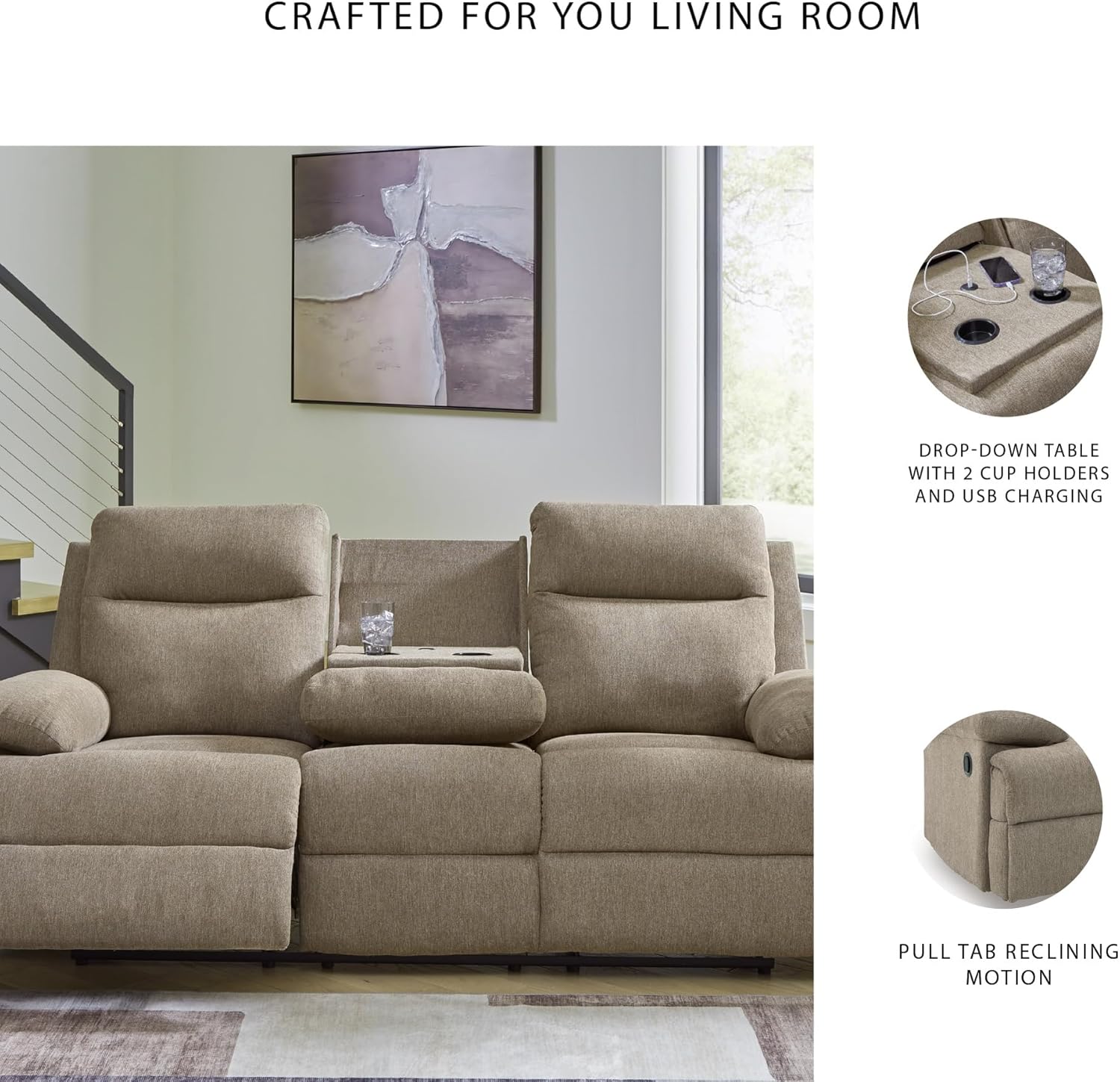 Signature Design by Ashley Reclining Sofa with Drop Down Table and USB Charging, Yarrow Lane Yarrow Lane Collection, Manual Pull Tab, Chenille Fabric for Living Room Comfort, Mocha Brown, 86" W