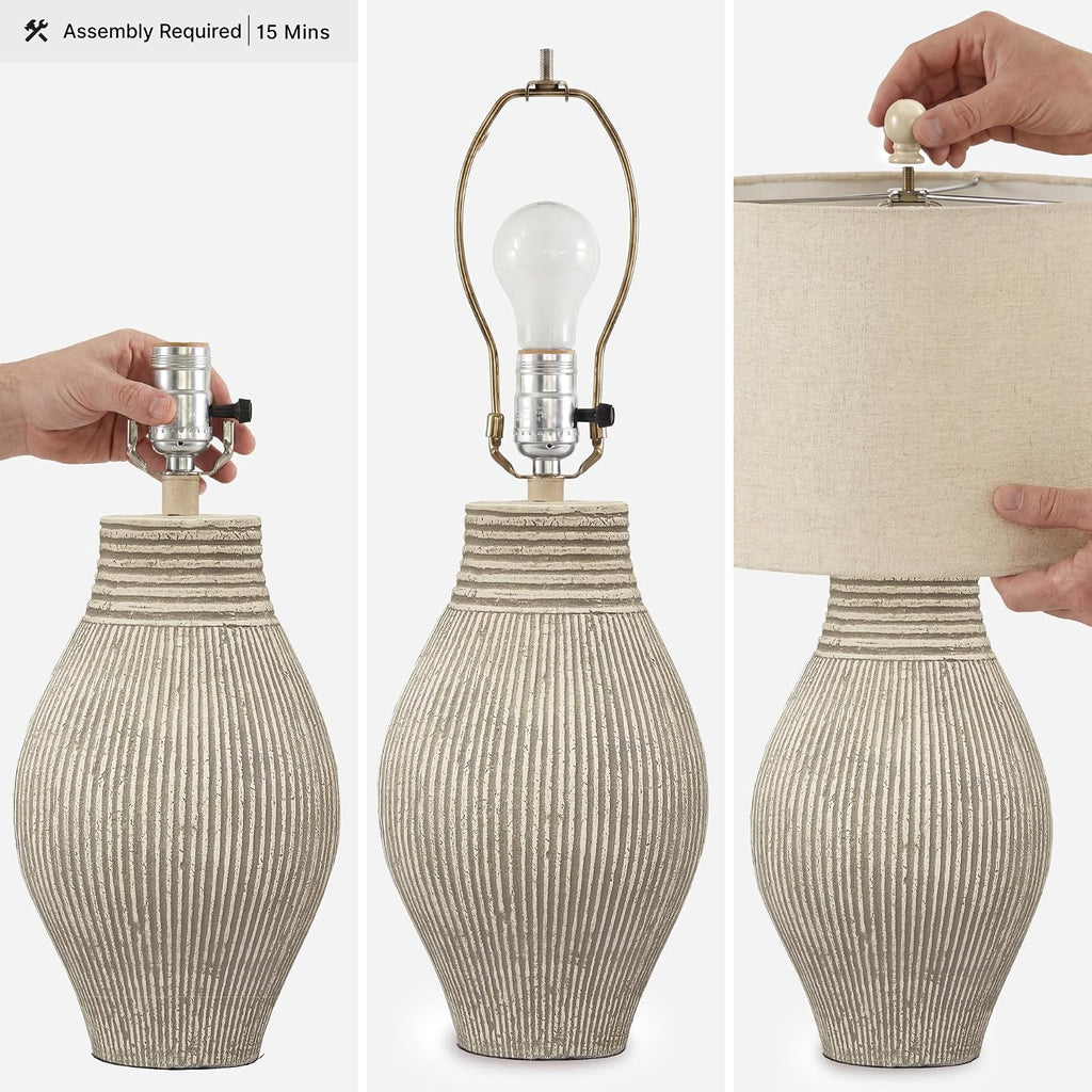 Signature Design by Ashley Layal Modern Table Lamp, Textured Paper Composite Base, Modified Drum Shade, 3-Way Switch Lighting for Living Room or Bedroom, 16 Inch Diameter, Beige