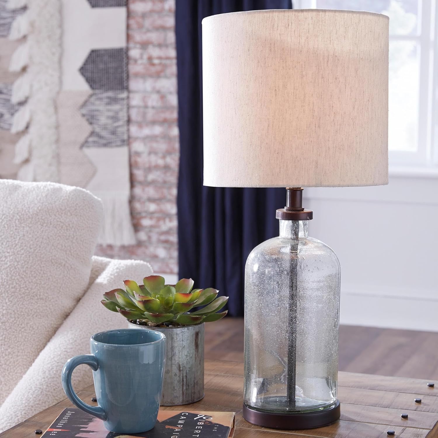Signature Design by Ashley Bandile Modern Farmhouse 22.5" Seeded Glass Table Lamp, Bronze