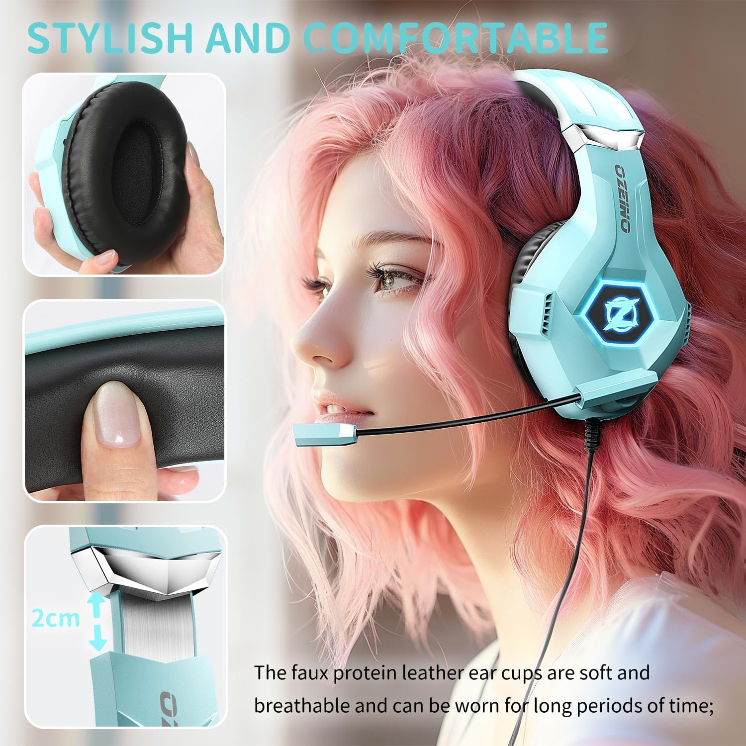 Ozeino Gaming Headset for PC, Ps4, Ps5, Xbox Headset with 7.1 Surround Sound, Gaming Headphones with Noise Cancelling Mic RGB Light Over Ear Headphones for Xbox Series X/S, Switch-Light Blue