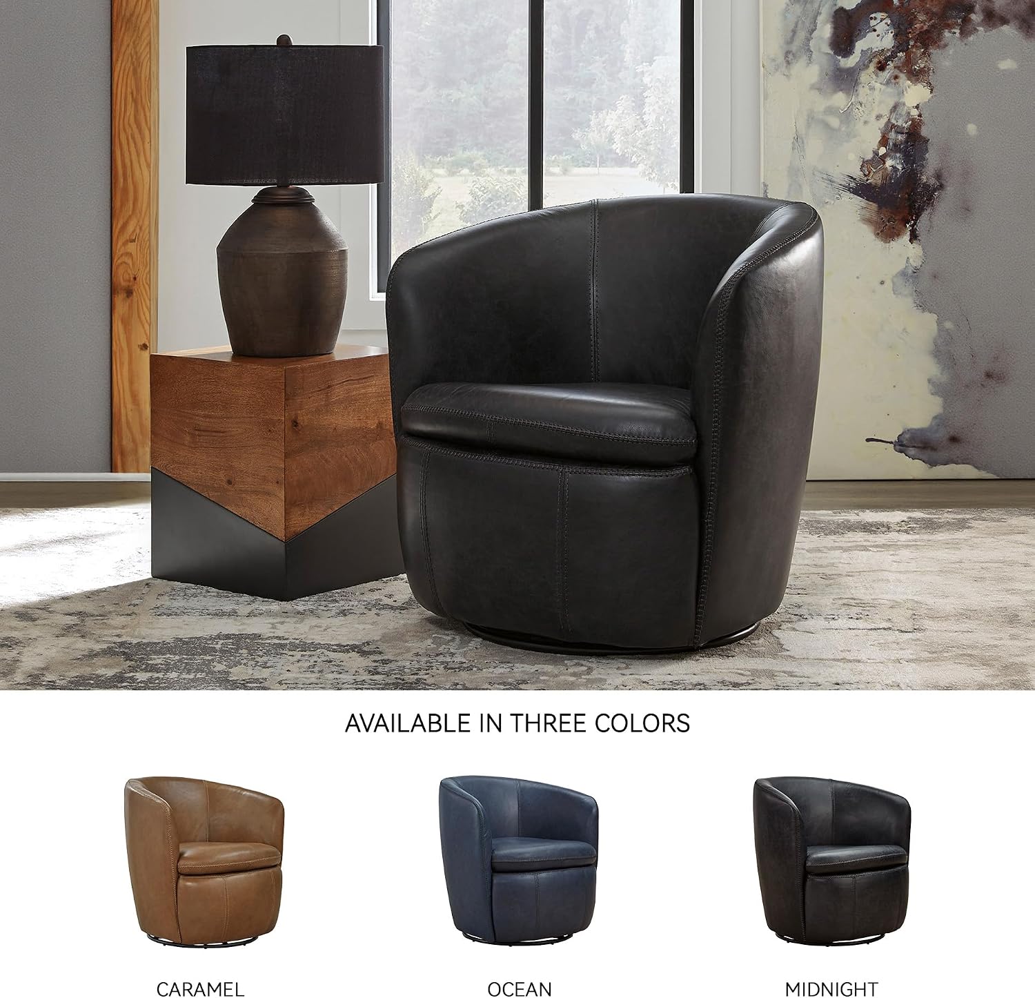 Signature Design by Ashley Kierreys Modern Top Grain Leather Upholstered Swivel Chair with Barrel Back, Black