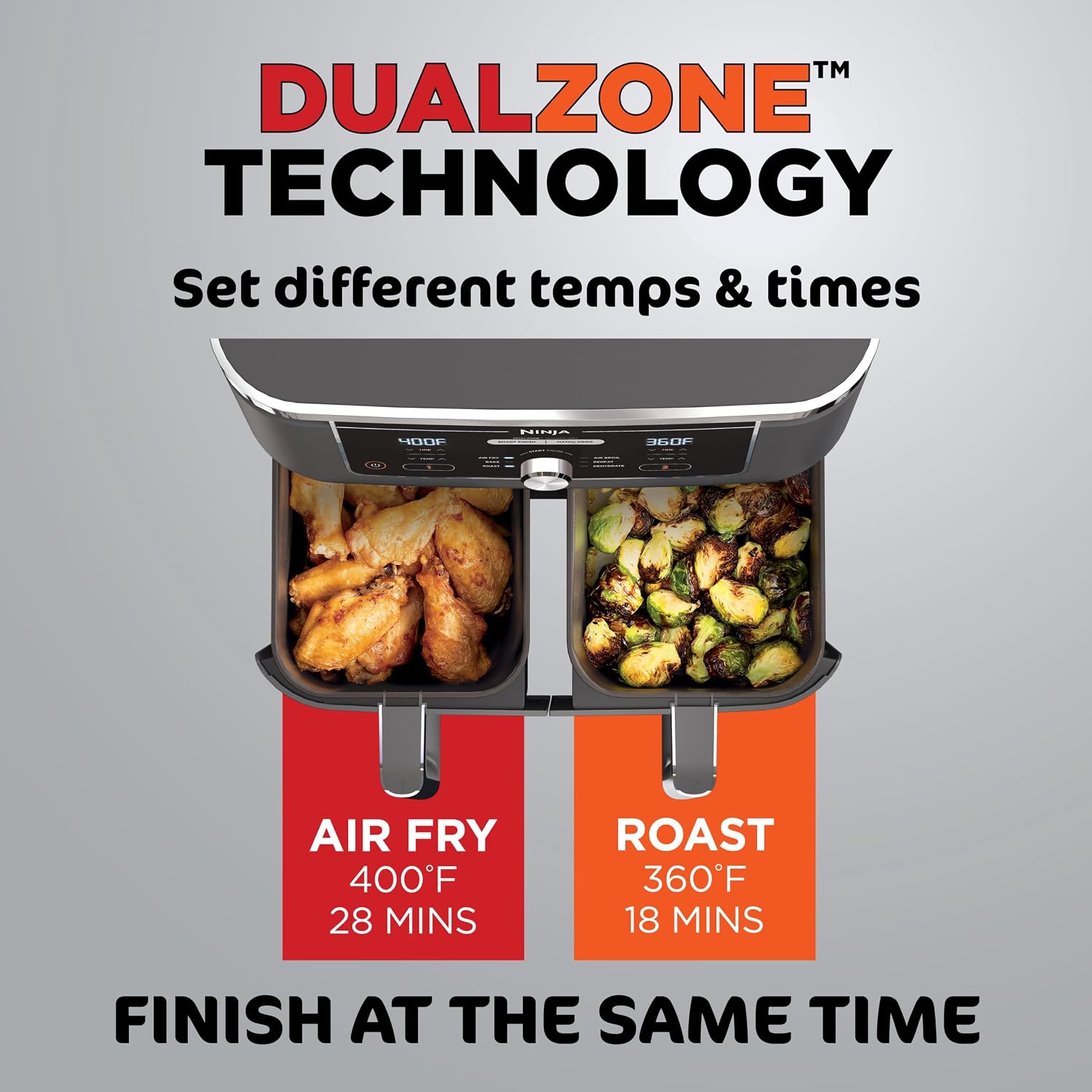 Ninja DZ401 Foodi 10 Quart 6-in-1 DualZone XL 2-Basket Air Fryer with 2 Independent Frying Baskets, Match Cook & Smart Finish to Roast, Broil, Dehydrate for Quick, Easy Family-Sized Meals, Grey