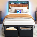 Furnulem Queen Size Bed Frame with Headboard Storage, Platform Bed Frame Queen Size with 2 Drawers, Charging Station and LED Lights, No Box Spring Needed, Noise Free, Easy Assembly (1200 lbs Capacity)