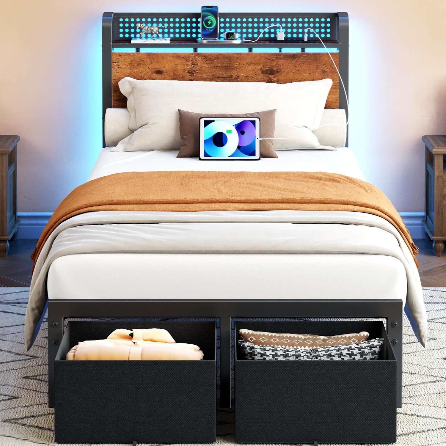 Furnulem Queen Size Bed Frame with Headboard Storage, Platform Bed Frame Queen Size with 2 Drawers, Charging Station and LED Lights, No Box Spring Needed, Noise Free, Easy Assembly (1200 lbs Capacity)