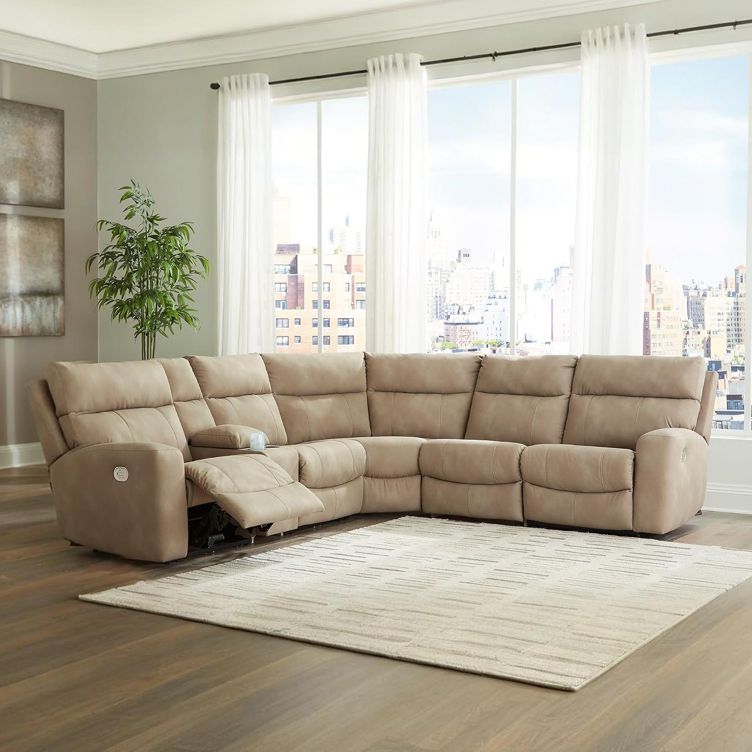 Signature Design by Ashley Next-Gen DuraPella 6-Piece Power Reclining Sectional, Zero Gravity Comfort and Adjustable Headrests, L-Shaped Faux Leather Modular Design for Living Rooms, Sand, 132" W