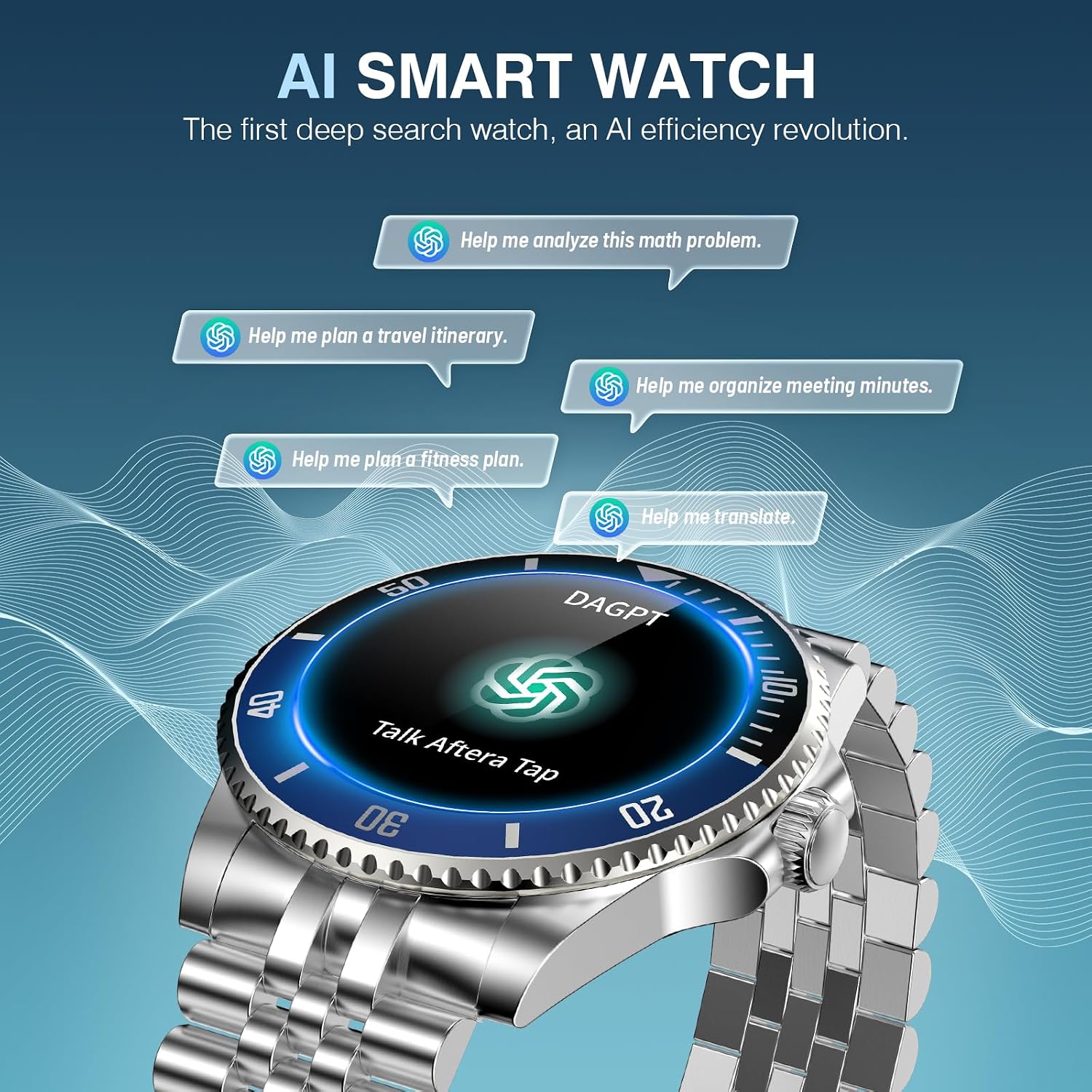 GPT Smart Watch for Men, 24/7 Heart Rate, Blood Pressure, Blood Oxygen, Sleep Monitor, 107 Sports Modes, 1.19-inch AMOLED Display, Waterproof Round Watch, Compatible Android and iOS, 44mm Silver Blue