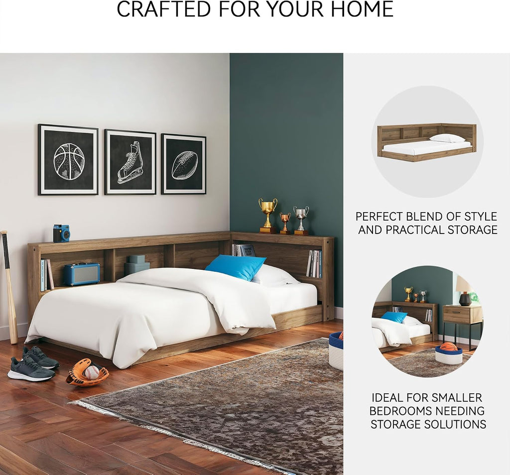 Signature Design by Ashley Deanlow Bookcase Storage Bed, Replicated Walnut Wood-Look Platform, Mid-Century Modern Casual Style, Integrated Bookshelf Side Rails, Honey Brown, Twin