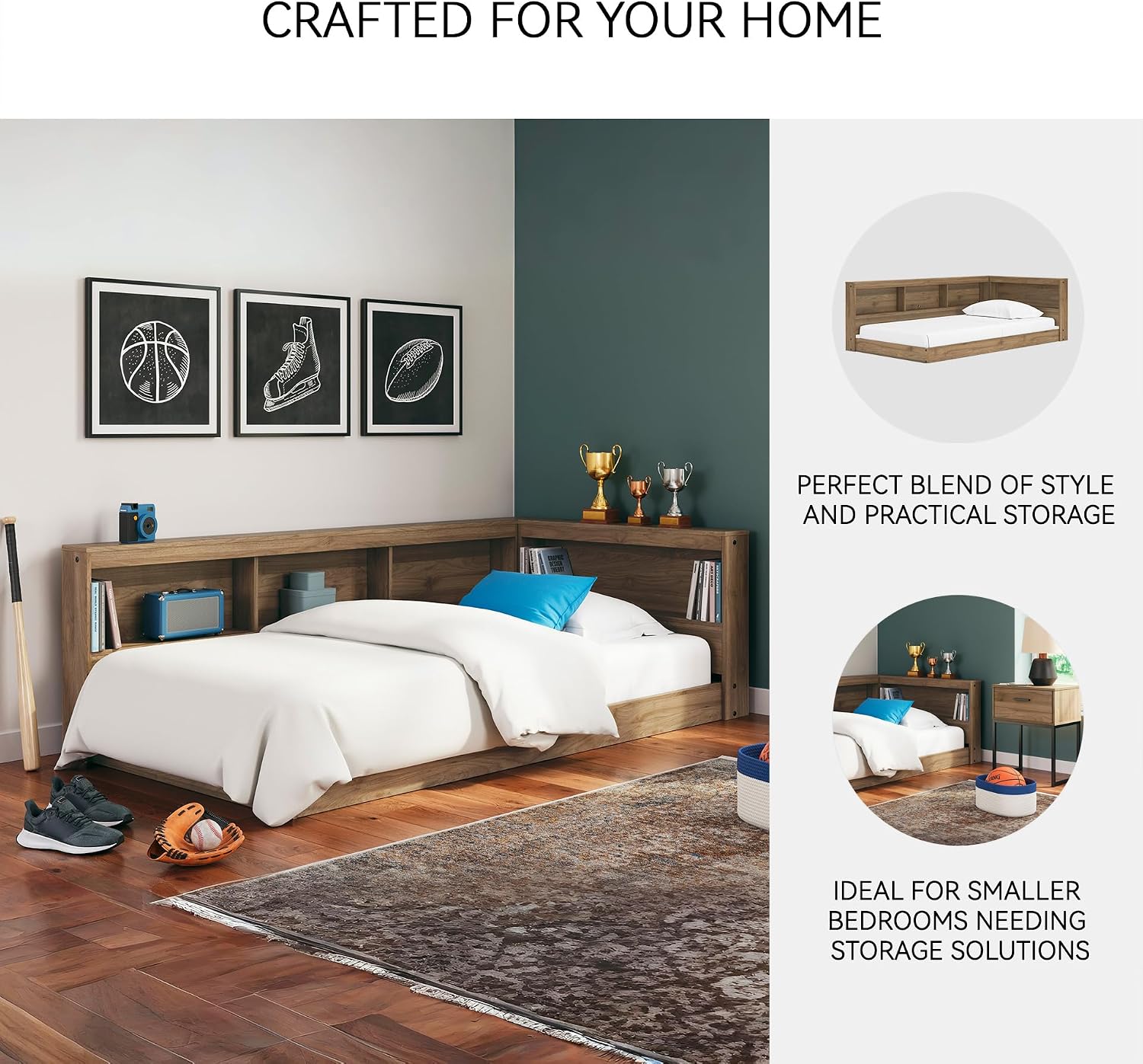 Signature Design by Ashley Deanlow Bookcase Storage Bed, Replicated Walnut Wood-Look Platform, Mid-Century Modern Casual Style, Integrated Bookshelf Side Rails, Honey Brown, Twin