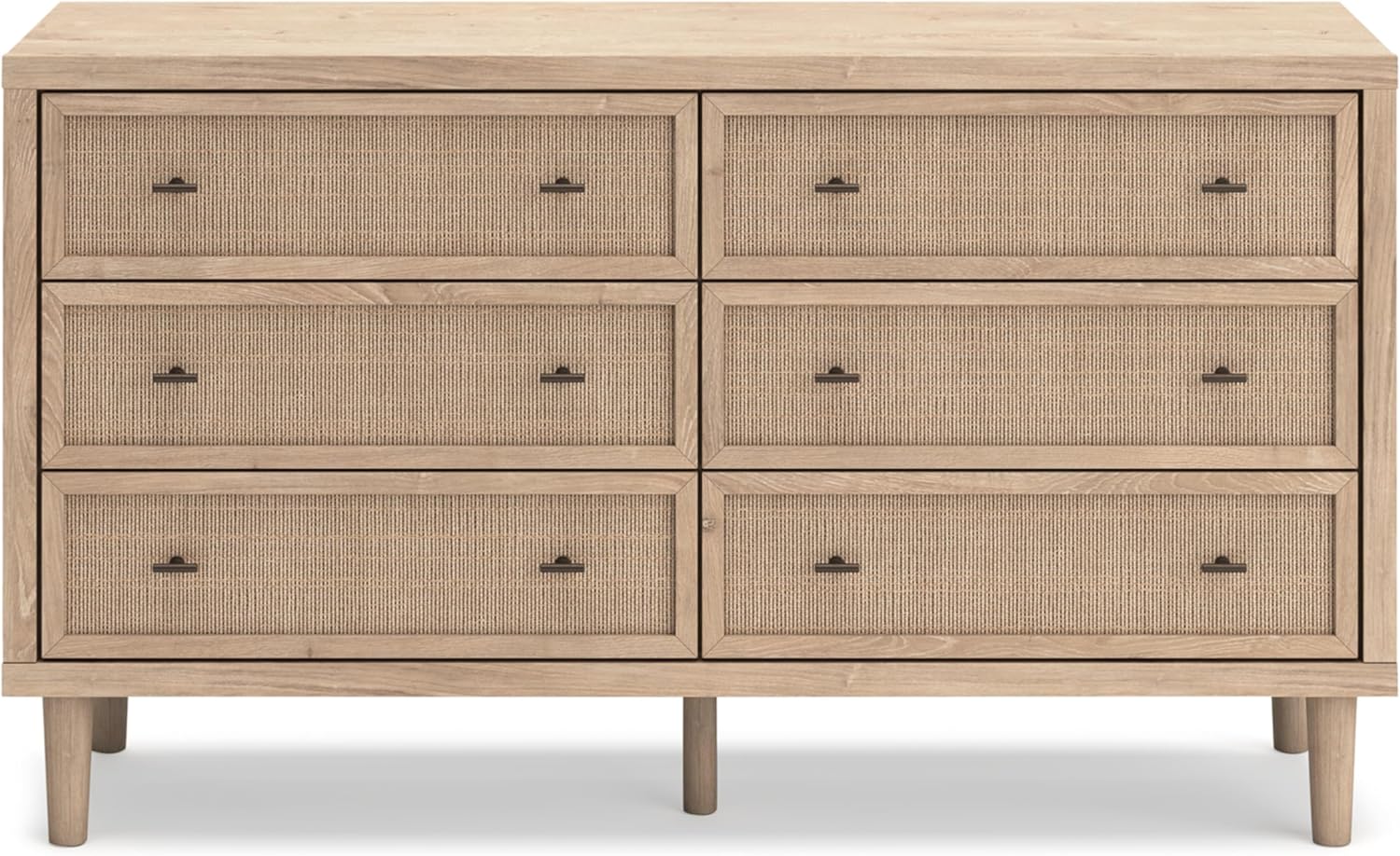 Signature Design by Ashley Cielden 6 Drawer Dresser, Quick 10-Minute Assembly, Textured Cane Details, Coastal Modern Bedroom Storage, Light Brown Two-Tone