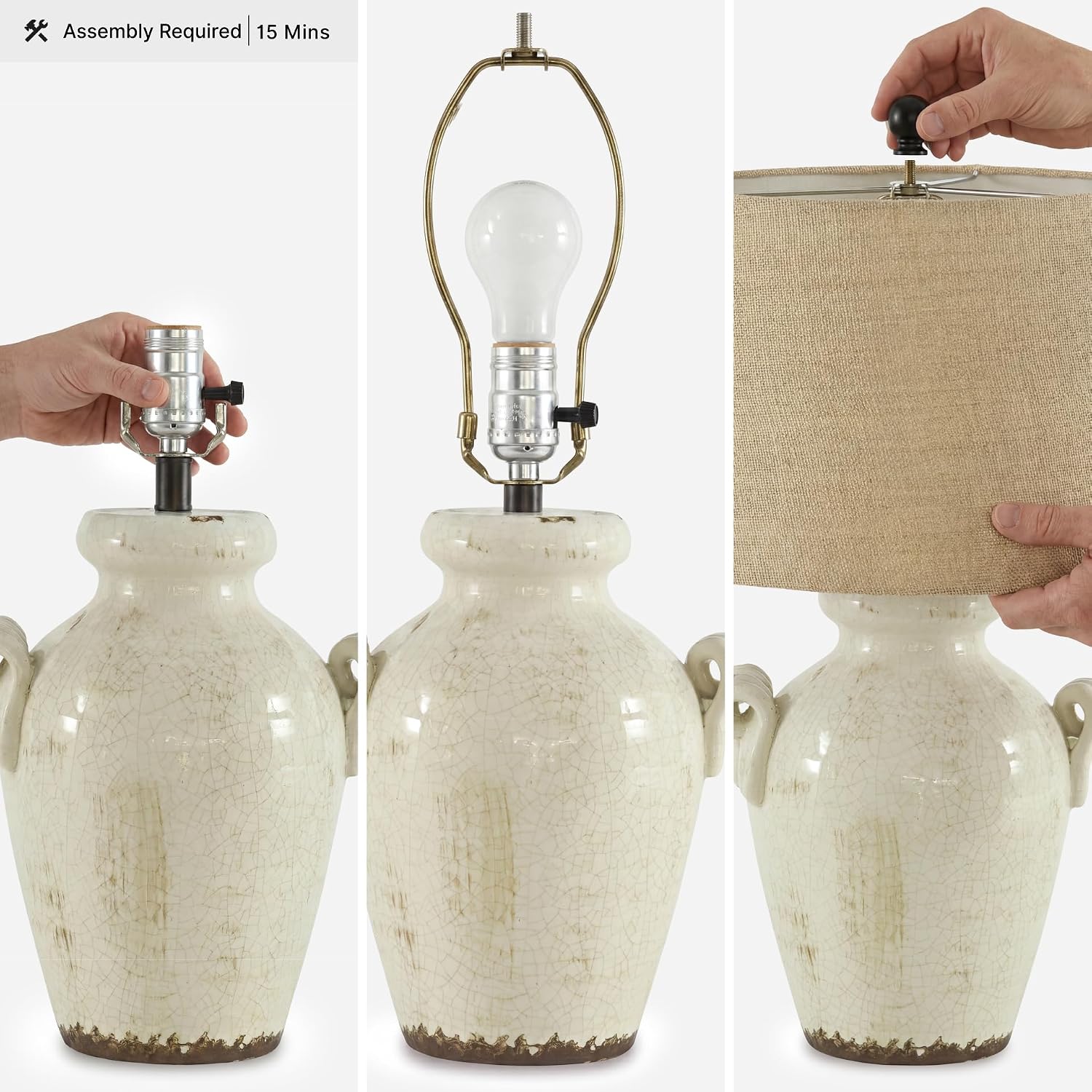 Signature Design by Ashley Emelda Casual Farmhouse Ceramic Table Lamp with Fabric Modified Drum Shade and 3-Way Switch, 27.25', Cream Glaze Crackle Finish