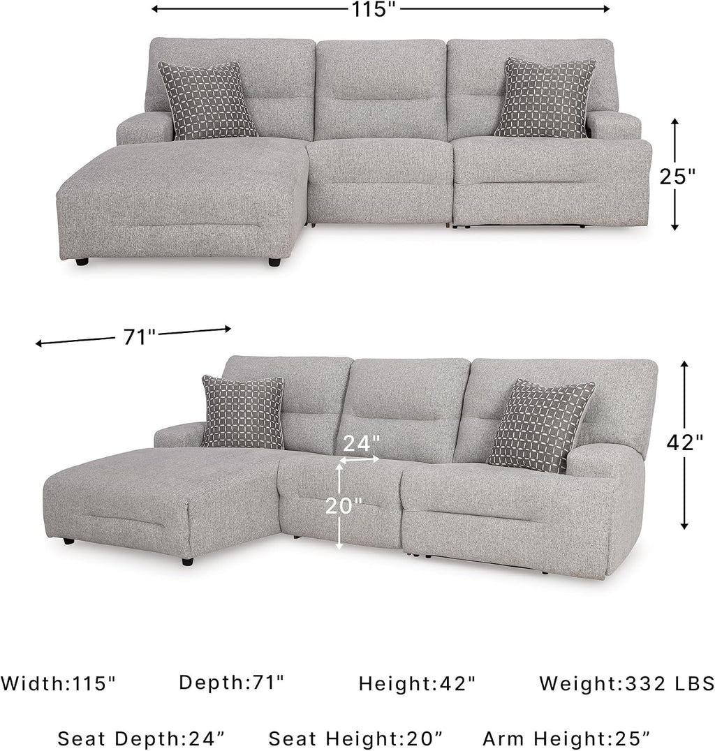 Signature Design by Ashley Acklen Place 3-Piece Power Reclining Sectional, Zero Gravity Recline and Adjustable Headrests, Next-Gen Nuvella Performance Fabric for Living Room Relaxation, Pewter Gray