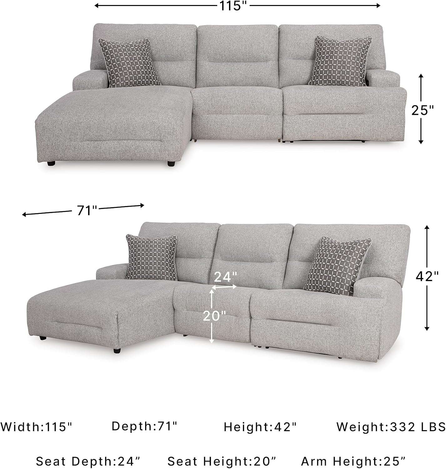 Signature Design by Ashley Acklen Place 3-Piece Power Reclining Sectional, Zero Gravity Recline and Adjustable Headrests, Next-Gen Nuvella Performance Fabric for Living Room Relaxation, Pewter Gray