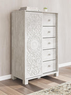 Signature Design by Ashley Paxberry Boho 5 Drawer Dressing Chest with Slider Door & 3 Adjustable Shelves, Whitewash