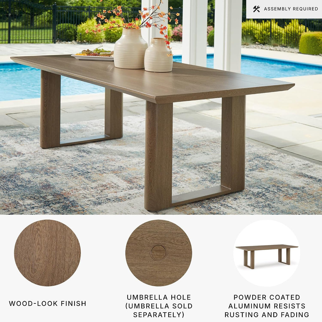 Signature Design by Ashley Serene Bay Outdoor Dining Table, Rust-Resistant Aluminum with Wood-Look Finish, 84-Inch Rectangular Patio Table with Umbrella Hole, Dark Brown