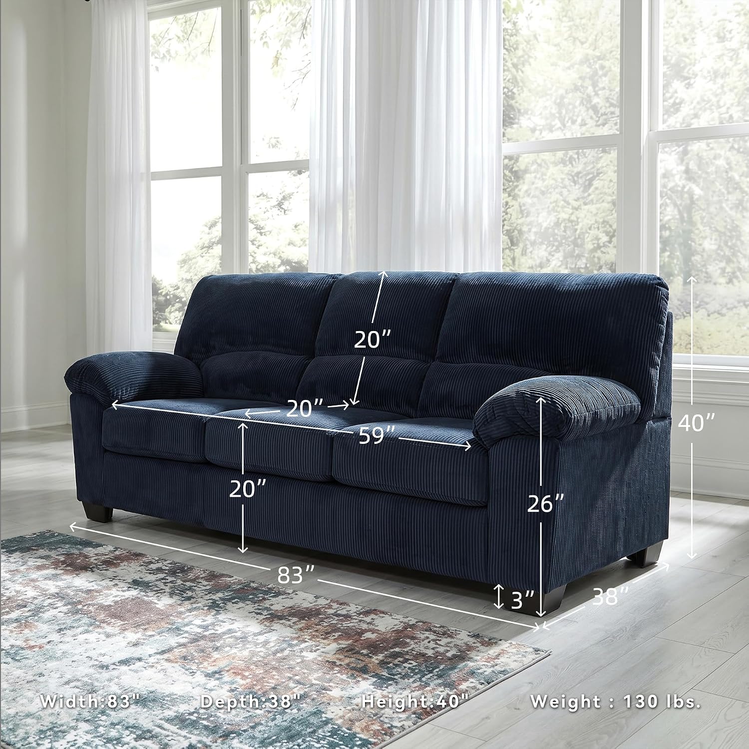 Signature Design by Ashley SimpleJoy Sofa, 83" Navy Blue Contemporary 3-Seater Couch, Soft Polyester Corduroy Fabric with Anti-Sag Platform Foundation, Living Room Furniture