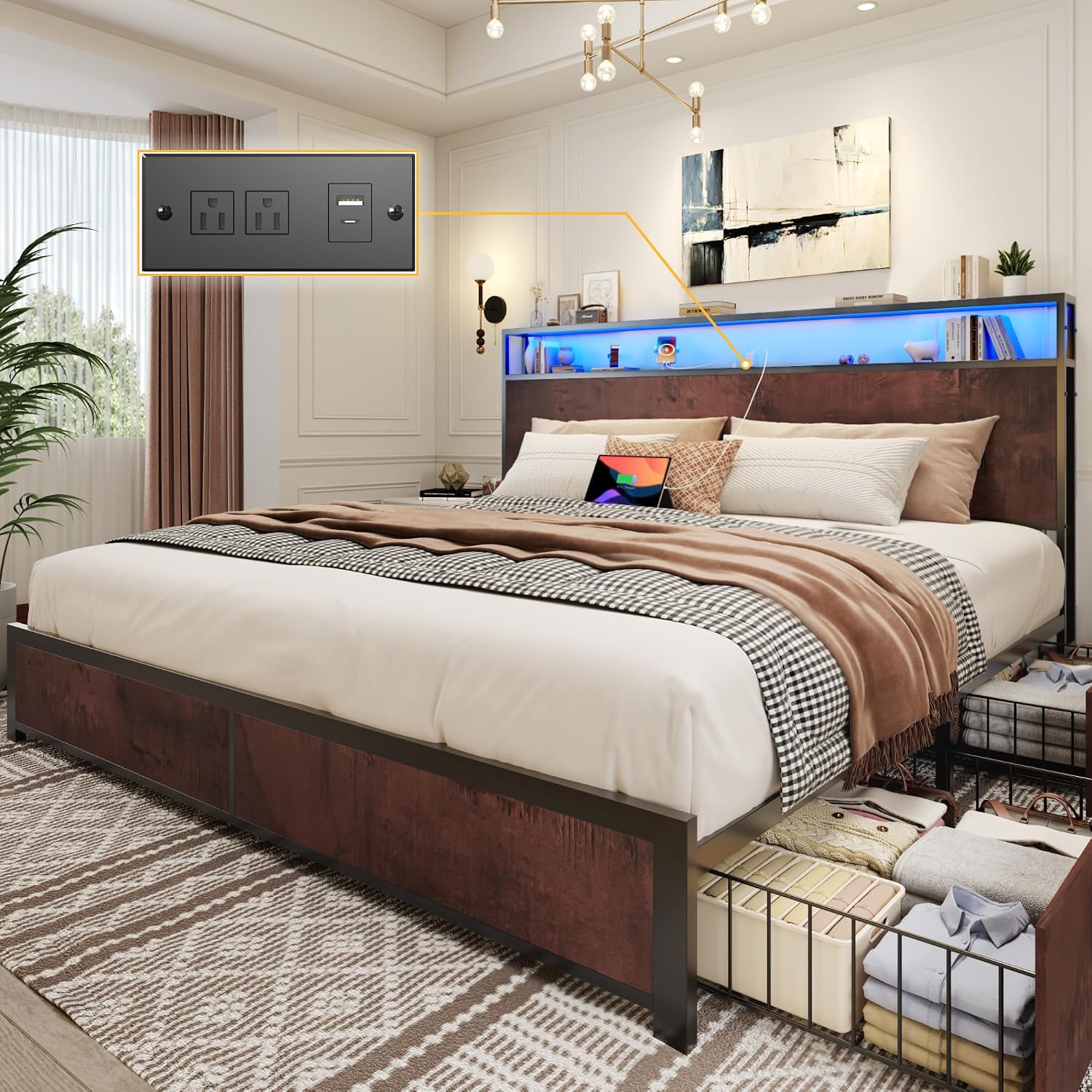 Lifezone Queen Bed Frame with 2-Tier Storage Headboard, Metal Platform Bed Frame with 4 Storage Drawers, Built in Charging Station & LED, Noise-Free/Metal Support/No Box Spring Needed, Vintage Brown