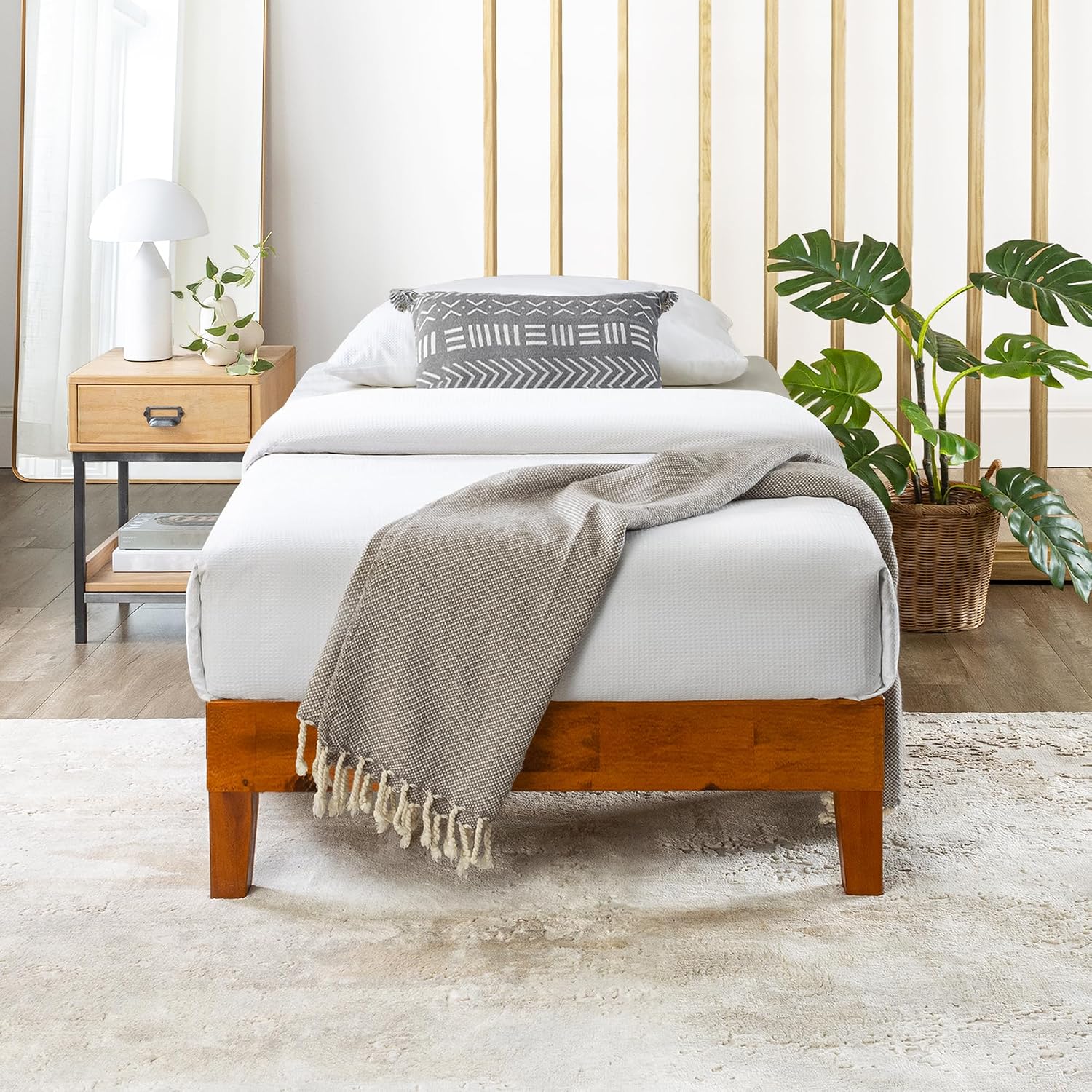 Mellow Naturalista Classic - 12 Inch Solid Wood Platform Bed with Wooden Slats, No Box Spring Needed, Easy Assembly, Queen, Pine