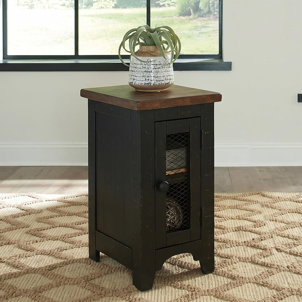 Signature Design by Ashley Valebeck Chairside End Table, Small Side Table with Storage Cabinet for Living Room Decor, Pine Veneers, Pine Wood, and Engineered Wood, Distressed Black/Brown