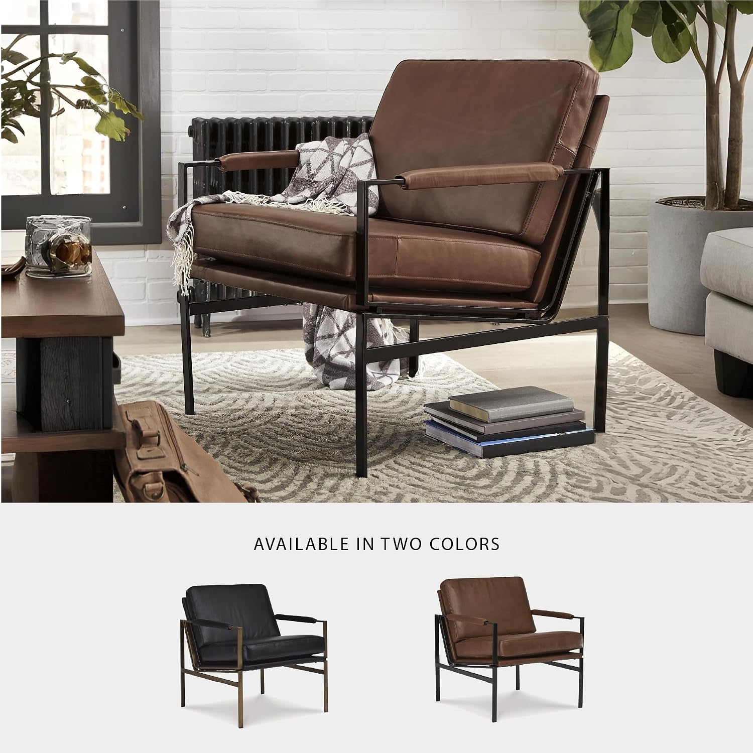 Signature Design by Ashley Puckman Brown Leather Accent Chair, Contemporary Living Room Seating, Sturdy Metal Frame