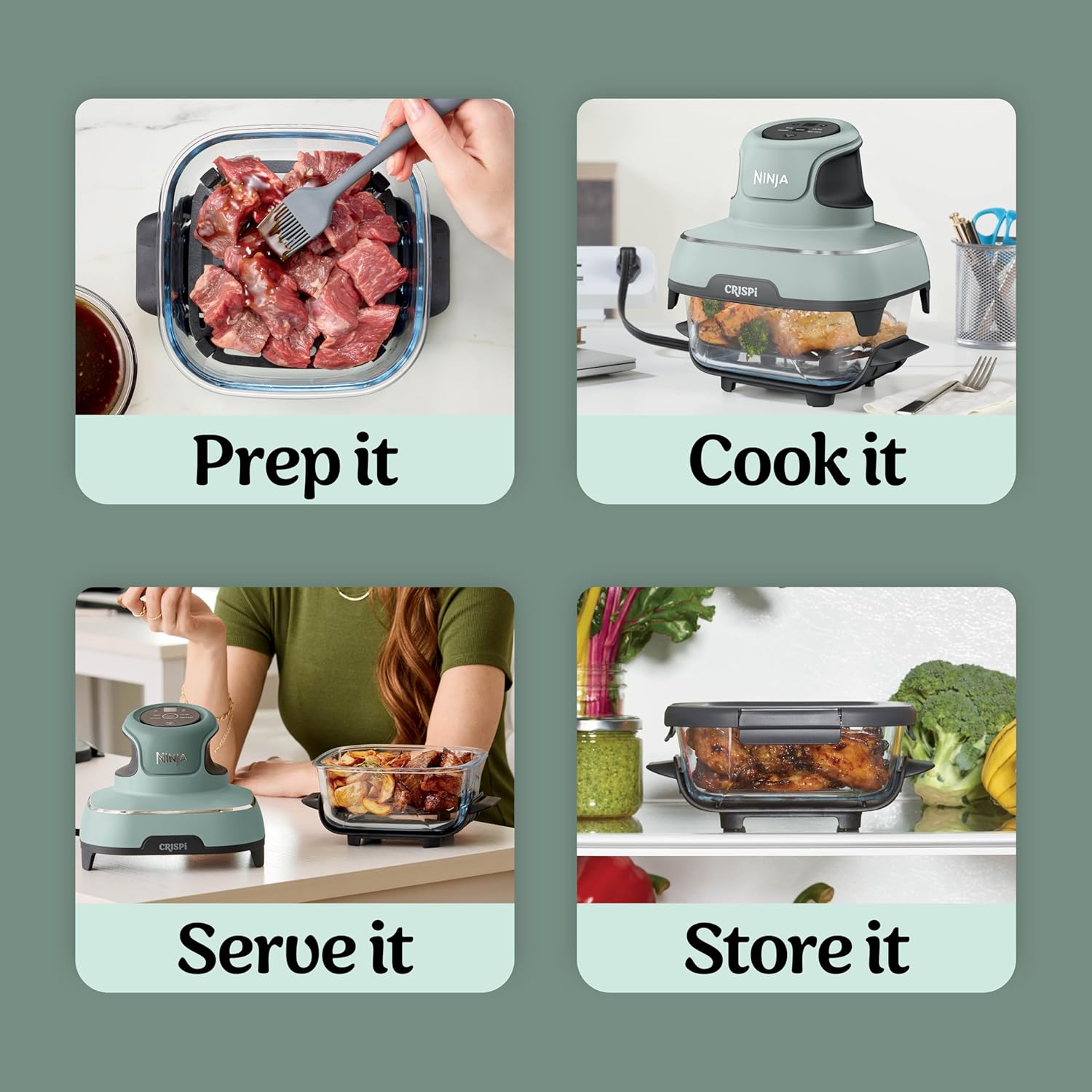 Ninja Crispi 4-in-1 Glass Air Fryer | With Non-Toxic 4QT & 6-Cup Glass Containers & Lids | Microwave, Freezer, Dishwasher Safe | 450°F Max Temp |1500 Watt | Green | FN101SG