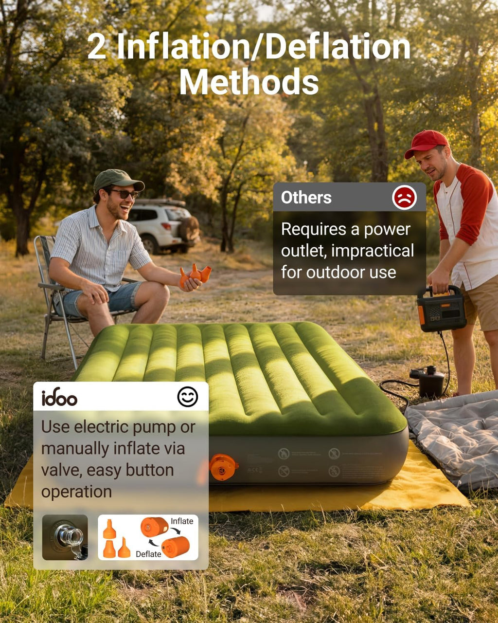 iDOO Portable Camping Essentials Mattress, 10" Queen Air Mattress with Cordless Rechargeable Pump, 2-in-1 Fast Inflation, Built-in LED Light, USB Charging, Retractable Camping Cot Sleeping Pad