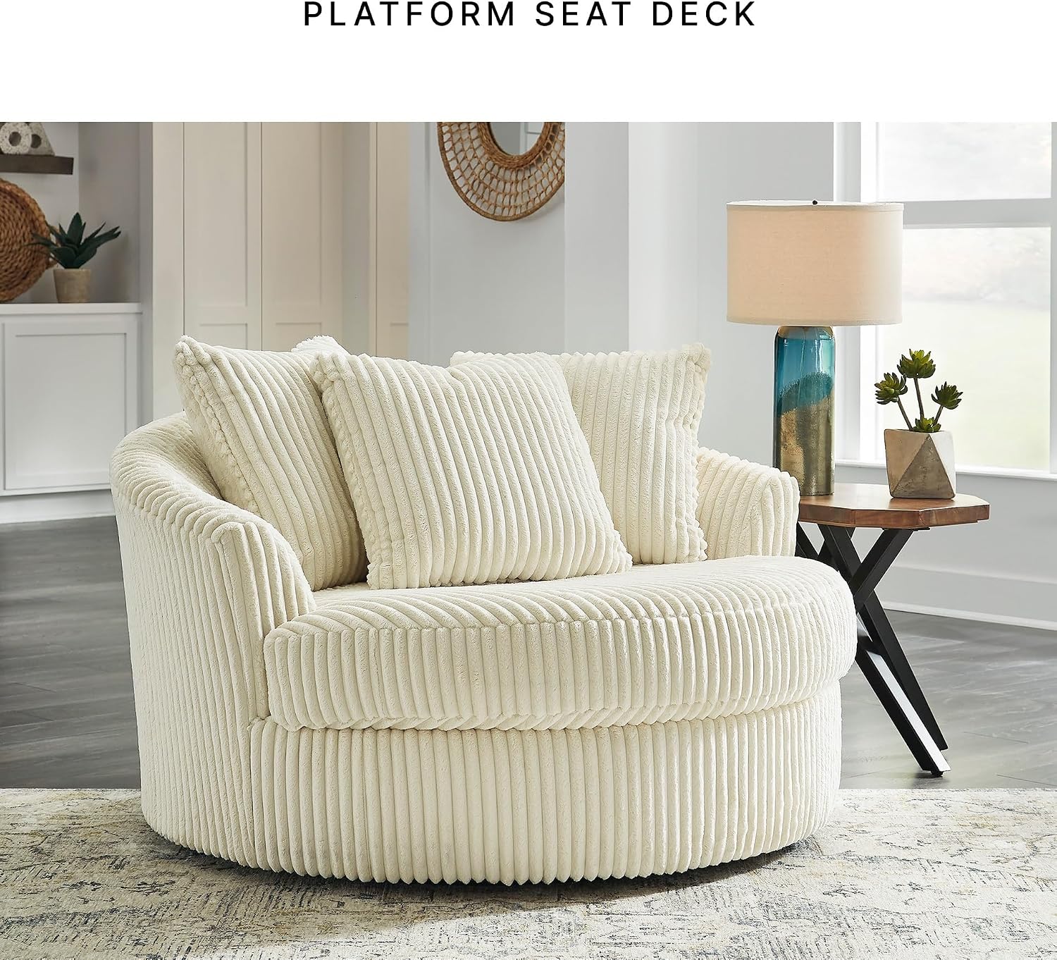 Signature Design by Ashley Lindyn Transitional Oval Tufted Upholstered Oversized Swivel Accent Chair, White