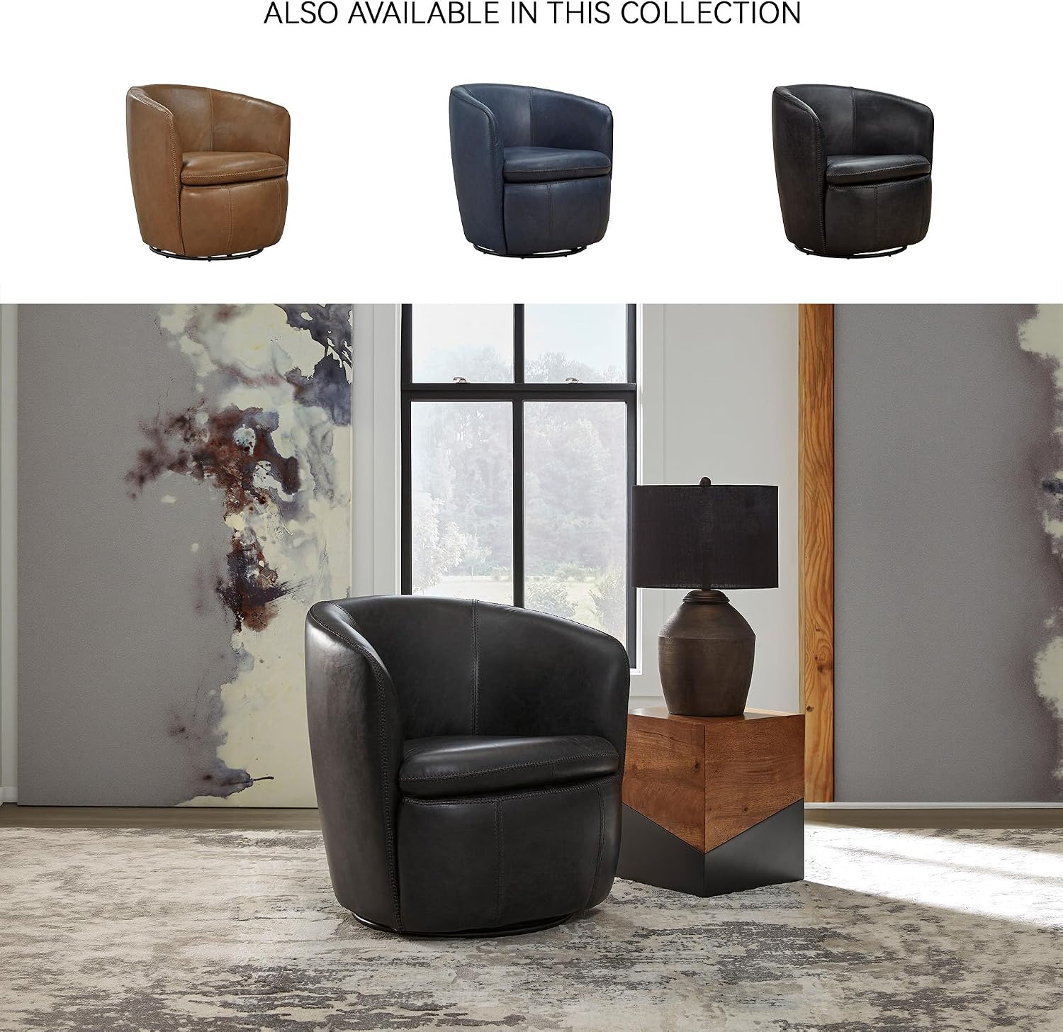 Signature Design by Ashley Kierreys Modern Top Grain Leather Upholstered Swivel Chair with Barrel Back, Black