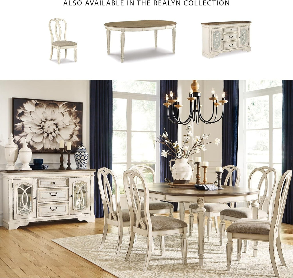 Signature Design by Ashley Realyn French Country Distressed Dining Room Server, 3 Drawers, 2 Cabinet Doors, Wood, 59" W x 17" D x 36.5" H, Chipped White