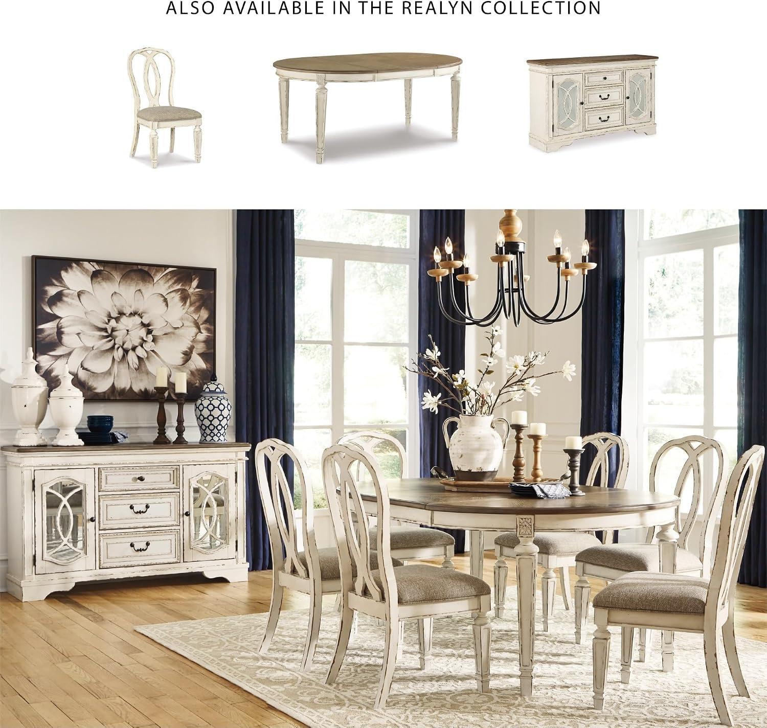 Signature Design by Ashley Realyn French Country Distressed Dining Room Server, 3 Drawers, 2 Cabinet Doors, Wood, 59" W x 17" D x 36.5" H, Chipped White