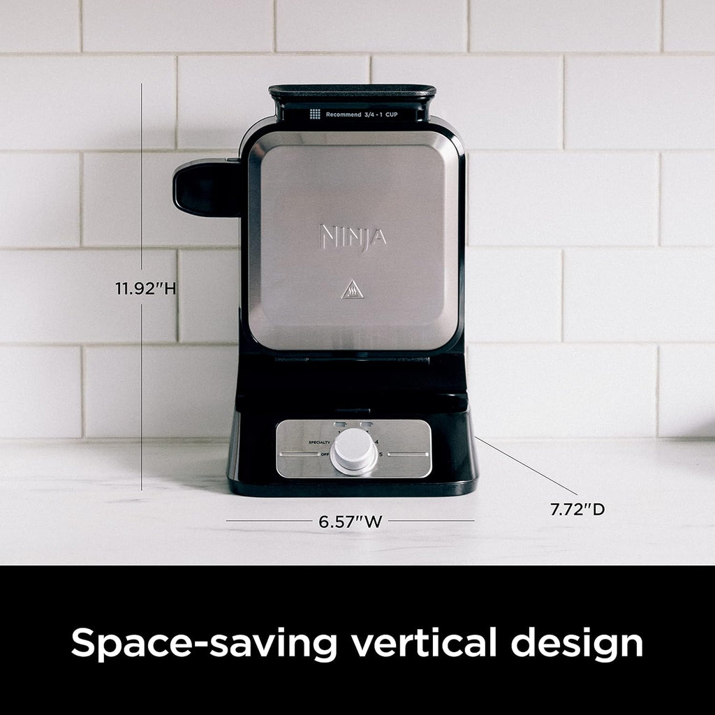 Ninja Belgian Waffle Maker Pro | Vertical Design | 5 Shade Settings with Precision-Pour Cup & Chef-curated Recipe Guide | Black & Silver | BW1001