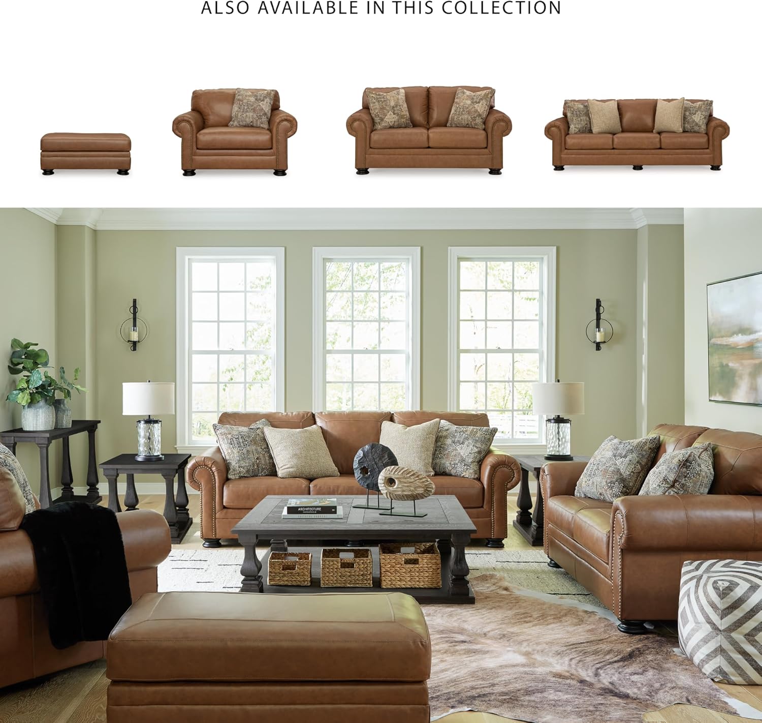 Signature Design by Ashley Carianna Oversized Chair, Fully Assembled Extra Wide Seating, Caramel Combination of Leather and Faux Leather, Traditional Accent Armchair, 54" W