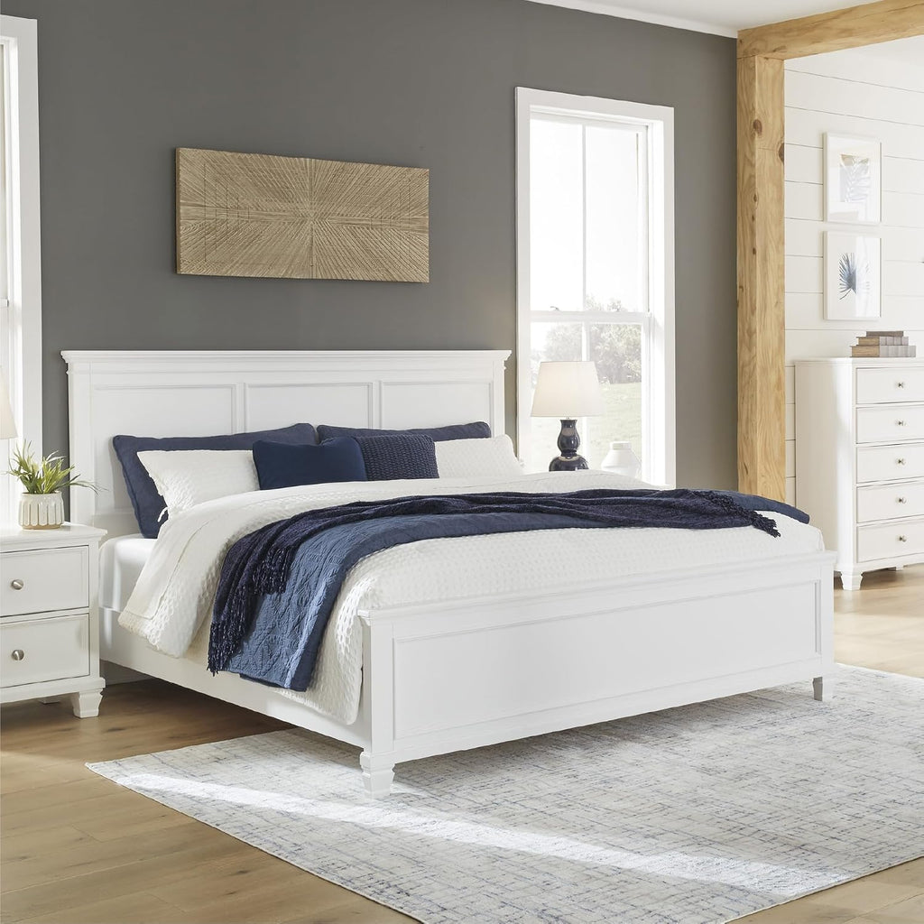 Signature Design by Ashley Fortman Transitional California King Panel Bed with Tapered Feet, Foundation or Box Spring Needed, White
