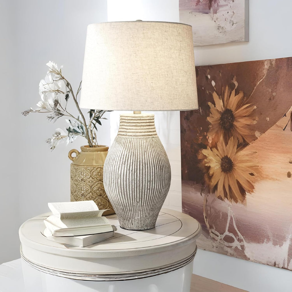 Signature Design by Ashley Layal Modern Table Lamp, Textured Paper Composite Base, Modified Drum Shade, 3-Way Switch Lighting for Living Room or Bedroom, 16 Inch Diameter, Beige