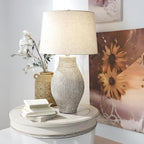 Signature Design by Ashley Layal Modern Table Lamp, Textured Paper Composite Base, Modified Drum Shade, 3-Way Switch Lighting for Living Room or Bedroom, 16 Inch Diameter, Beige