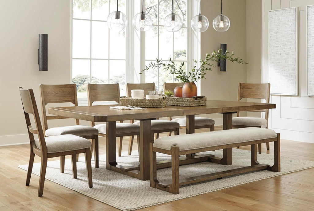 Signature Design by Ashley Cabalynn Dining Bench, Upholstered Farmhouse Style, Hardwood Solids and MDF Substrates Frame, Ideal for End of Bed or Entryway, 63.5" W, Oatmeal and Light Brown
