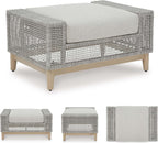 Signature Design by Ashley Aluminum Frame Outdoor Ottoman with Cushion, Seton Creek, High-Performance Nuvella Fabric, Seating for Patio Lounge Areas, Light Gray & Light Brown