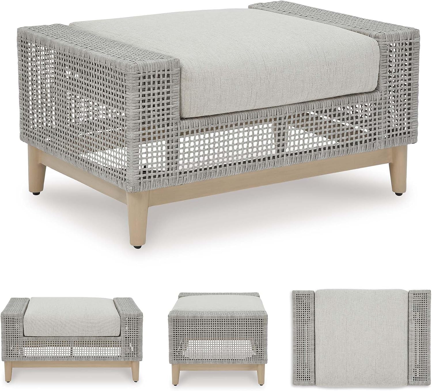 Signature Design by Ashley Aluminum Frame Outdoor Ottoman with Cushion, Seton Creek, High-Performance Nuvella Fabric, Seating for Patio Lounge Areas, Light Gray & Light Brown